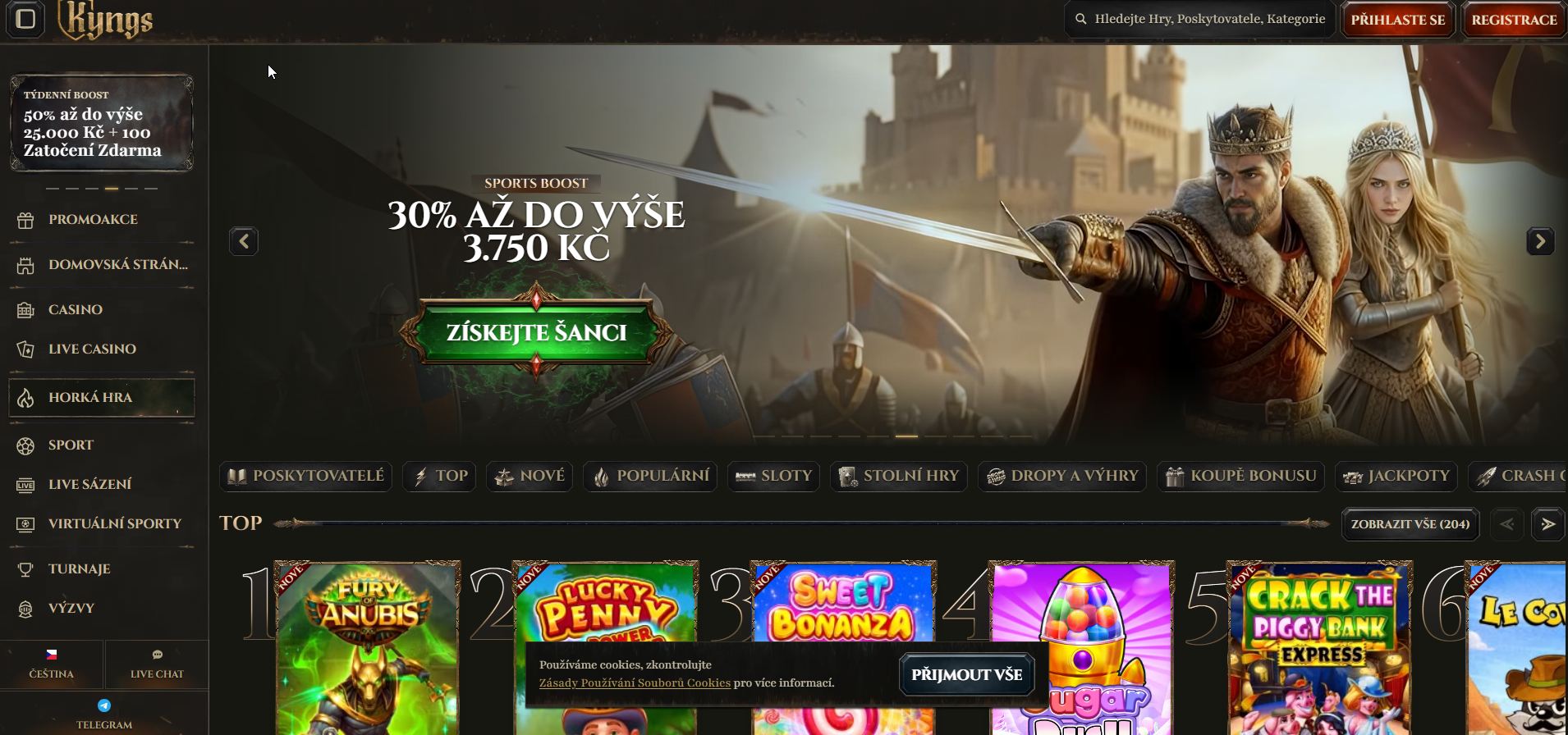 Snímek obrazovky online casina Kyngs s věrnostním programem a sportovními sázkami