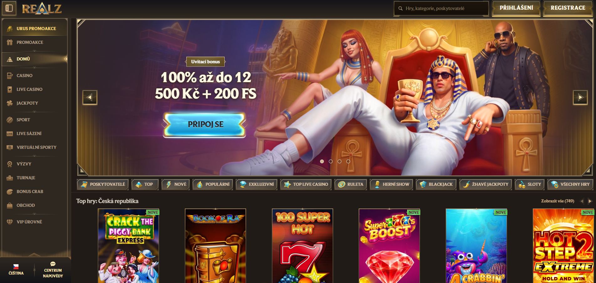 Snímek obrazovky online casina Realz s herní lobby, automaty a sportovními sázkami