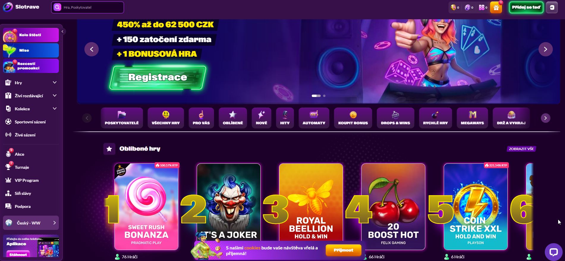 Snímek obrazovky online casina Slotrave s VIP programem a herní nabídkou