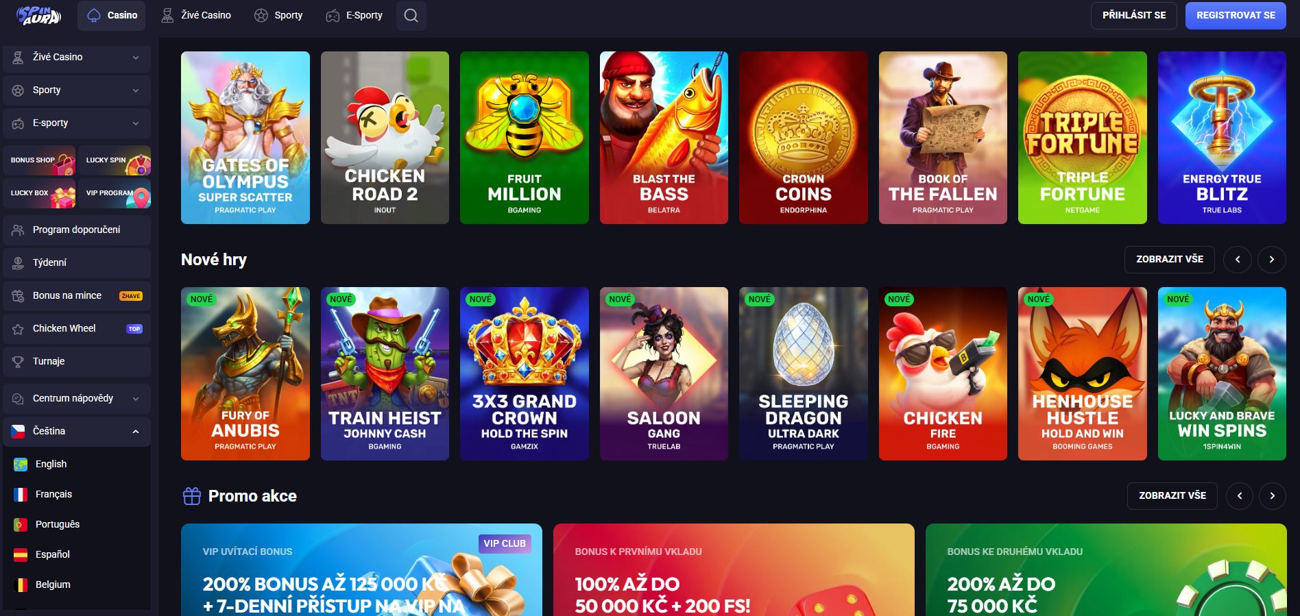 Snímek obrazovky online casina SpinAura s bonusovou nabídkou a herní lobby