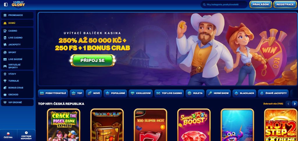 Snímek obrazovky kasina Spins of Glory s westernovým designem a bonusem Bonus Crab