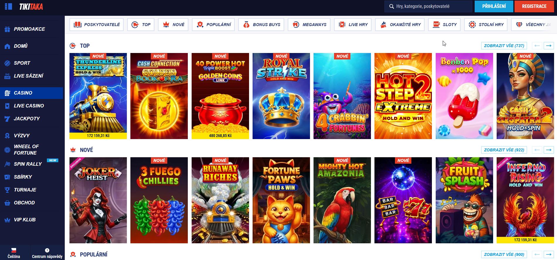 Snímek obrazovky online casina Tikitaka s jackpoty a turnajovou nabídkou