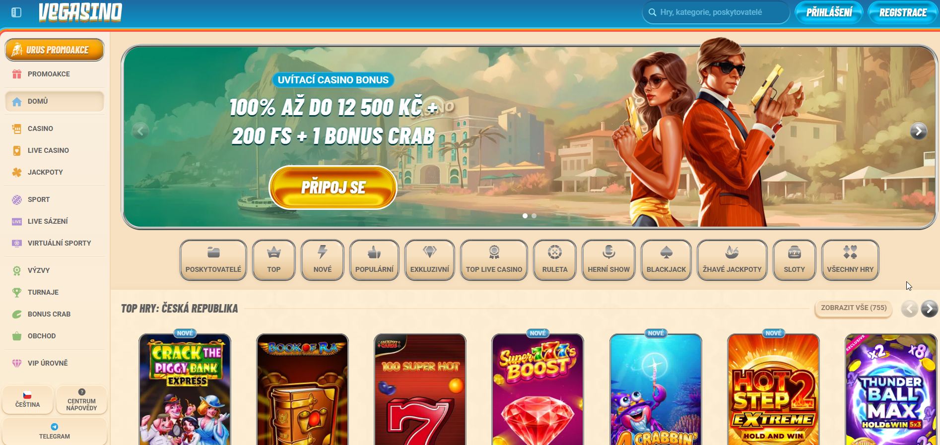 Snímek obrazovky online casina Vegasino s nabídkou automatů a věrnostním obchodem