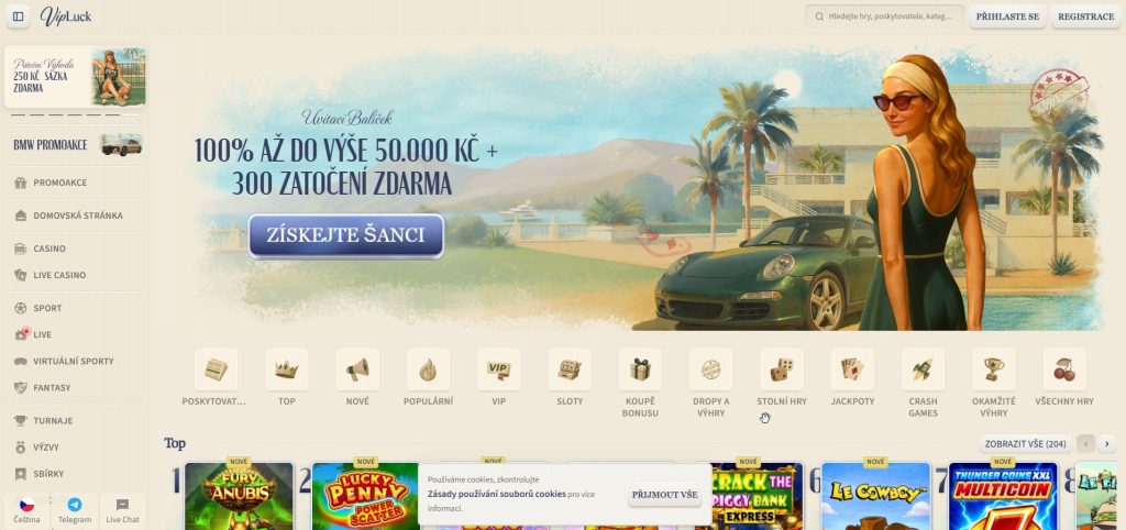 Snímek obrazovky online casina VIPLuck s VIP odměnami a živým kasinem